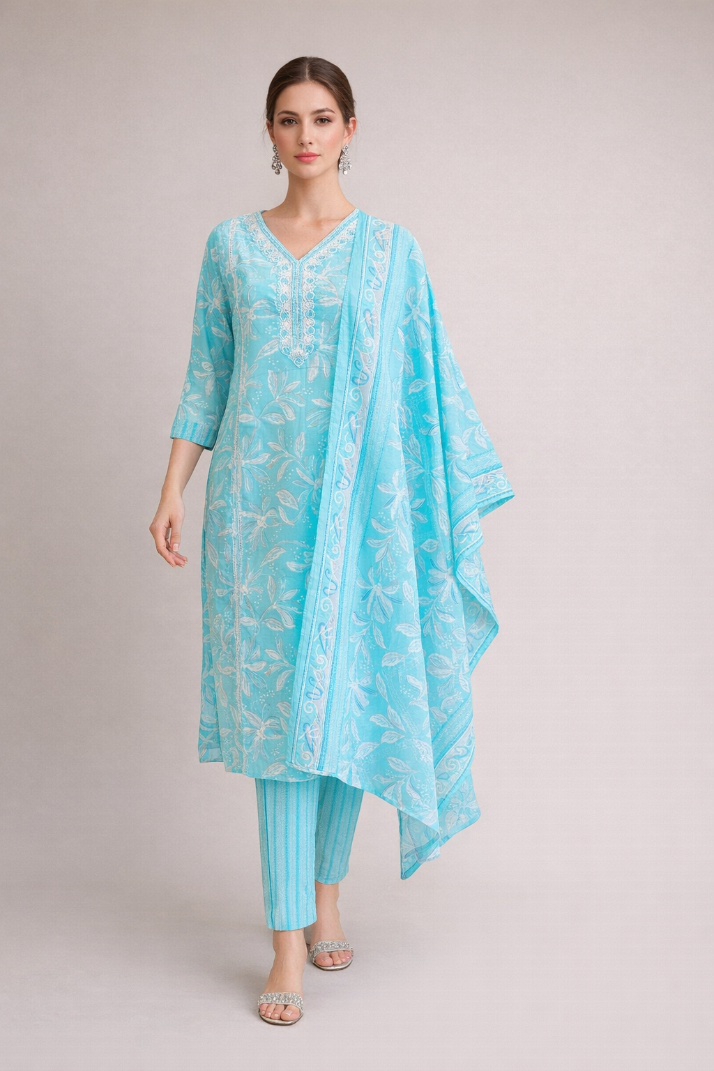 Aqua Blue Printed Kurta Set with Pants & Dupatta